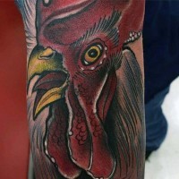 Funny designed colored realistic cock tattoo on arm