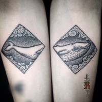 Funny designed geometrical shaped tattoo on forearms of big whale