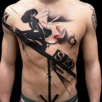 Funny designed realistic seductive tattoo with lettering on chest