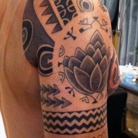 Funny designed tribal style black ink tattoo on half sleeve zone