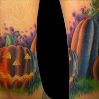Funny fairy tale Halloween pumpkin tattoo with violet shadow