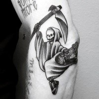 Funny Grim reaper with scythe on skateboard tattoo on arm in old school style