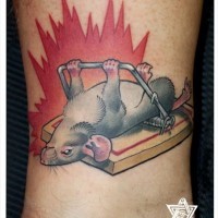Funny idea mouse exercising in mousetrap colored tattoo on ankle with fire flames
