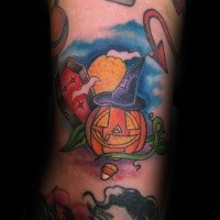 Funny illustrative style colored pumpkin with coffin tattoo