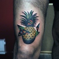 Funny illustrative style thigh tattoo of pineapple with triangles