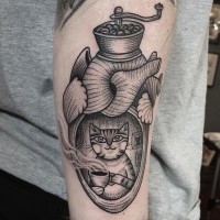 Funny little heart shaped tattoo on arm with cat and coffee cup