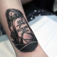 Funny little tomb stone with lettering tattoo on arm