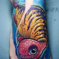 Funny looking cartoon style colored foot tattoo of swimming animal