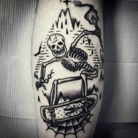 Funny looking colored leg tattoo of skeleton skateboarder