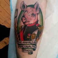 Funny looking colored leg tattoo of pig general with lettering