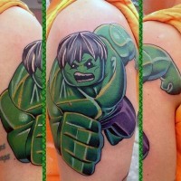 Funny looking colored Lego style shoulder tattoo of angry Hulk