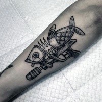 Funny looking engraving style arm tattoo of mystical pistol with fish