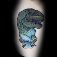 Funny looking illustrative style arm tattoo of dinosaur