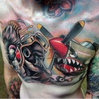 Funny looking illustrative style colored plane with bird pilot tattoo on chest