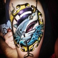 Funny looking illustrative style shoulder tattoo of gentleman shark