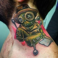 Funny looking multicolored voodoo doll tattoo on neck