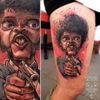 Funny looking thigh tattoo of movie hero with pistol