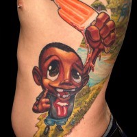 Funny modern style colored boy with ice-cream tattoo on side