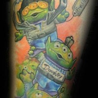 Funny multicolored cartoon aliens tattoo with lettering