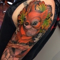 Funny new school style colored squirrel tattoo on shoulder with leaves