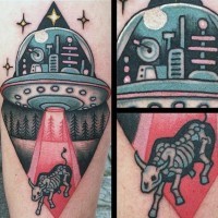 Funny painted cartoon like alien ship with X-Ray tattoo on arm
