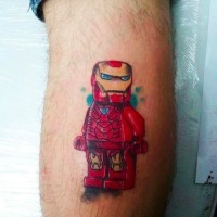 Funny red colored detailed leg tattoo of Lego Iron man