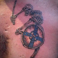 Funny skeleton with sword and shield colored detailed chest tattoo