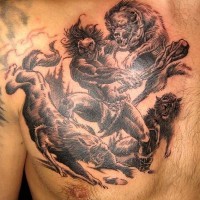 Furious warrior fighting with wolves tattoo on chest