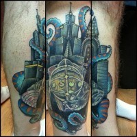Futuristic colored leg muscle tattoo of big cite and octopus