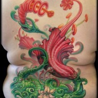 Futuristic fantasy style flowers colored tattoo on back with unusual details