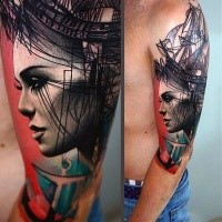Futuristic style incredible looking woman portrait with ship and anchor on half sleeve area
