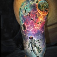 Futuristic style multicolored astronaut in deep space half sleeve tattoo