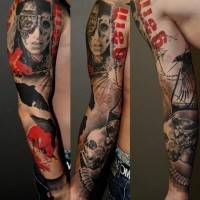 Futuristic style portrait with skull and crow colored 3D realistic sleeve tattoo with lettering