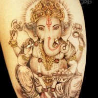 Ganesha and scroll with mantras tattoo by Miguel Angel