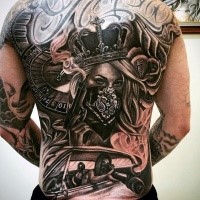 Gangster style colored back tattoo of king woman with guns