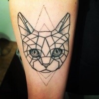 Geometrical like dot style arm tattoo of cat head with ornaments