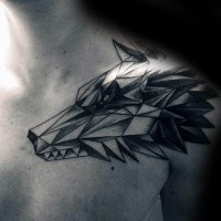 Geometrical style black and white shoulder tattoo of wolf head
