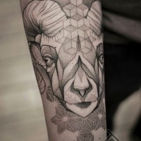 Geometrical style black ink arm tattoo of goat head with ornaments