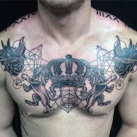 Geometrical style black ink chest tattoo of family crest with lions