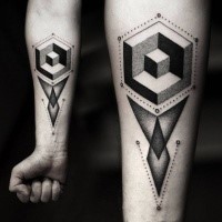 Geometrical style black ink forearm tattoo of various figures