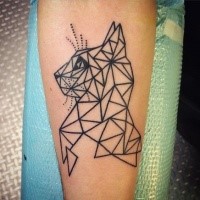 Geometrical style black ink forearm tattoo of cat statue