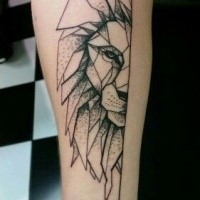 Geometrical style black ink forearm tattoo of lion head part