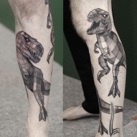 Geometrical style black ink leg tattoo of evil dinosaurs