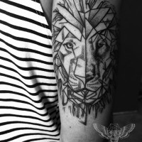 Geometrical style black ink lion tattoo on arm