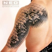 Geometrical style black ink scapular and shoulder tattoo of geometrical ornaments
