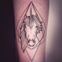 Geometrical style black ink unicorn tattoo on forearm with figures