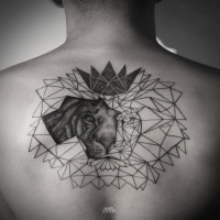 Geometrical style black ink upper back tattoo of lion portrait with various figures