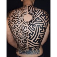 Geometrical style black ink whole back tattoo of various ornaments