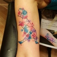 Geometrical style colored arm tattoo of dinosaur