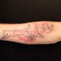 Geometrical style colored forearm tattoo of running cat with geometrical style